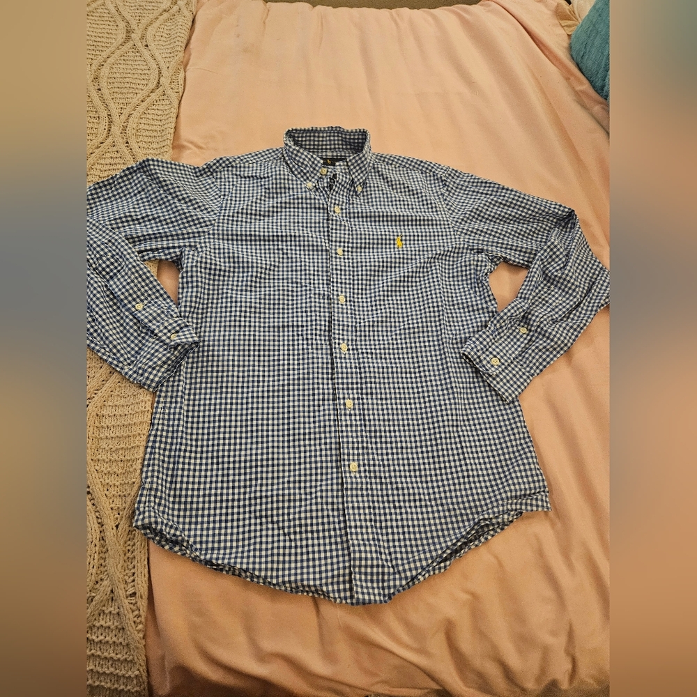 Ralph Lauren Men's L Blue Checkered Long Sleeve Button-Down Shirt‎ Casual Cotton